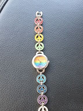 Rainbow Peace Sign Link Bracelet Watch